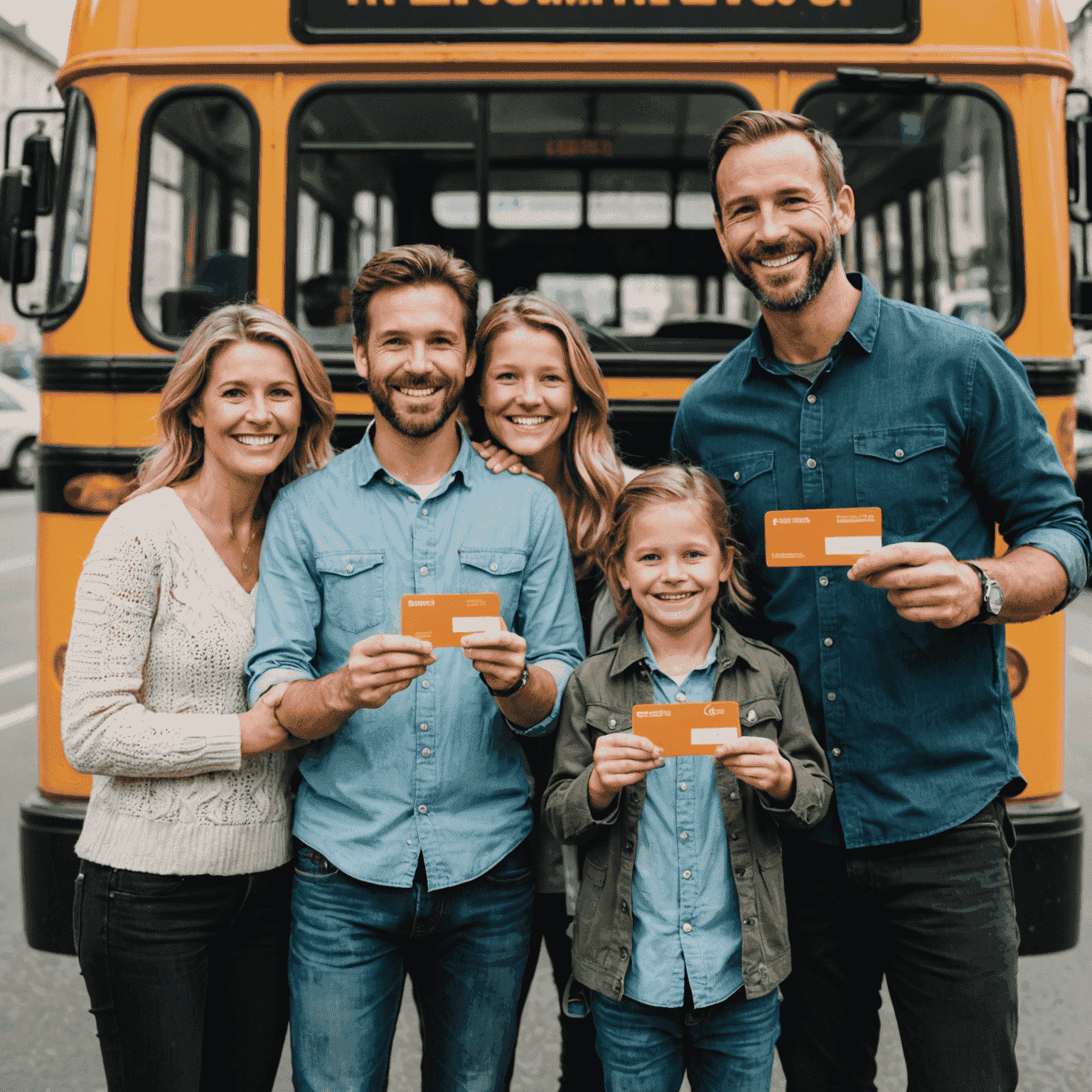 A family of four holding rtegitero.com cards, smiling in front of a bus