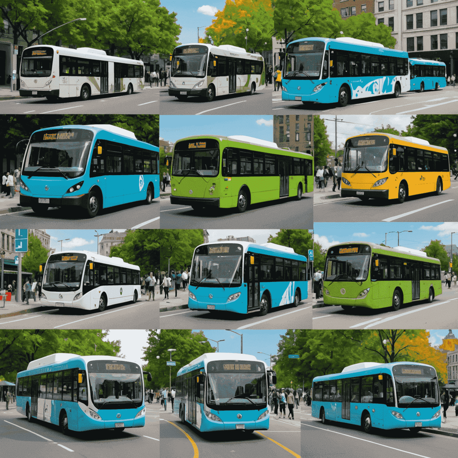 A collage of eco-friendly buses, electric charging stations, and people using public transportation