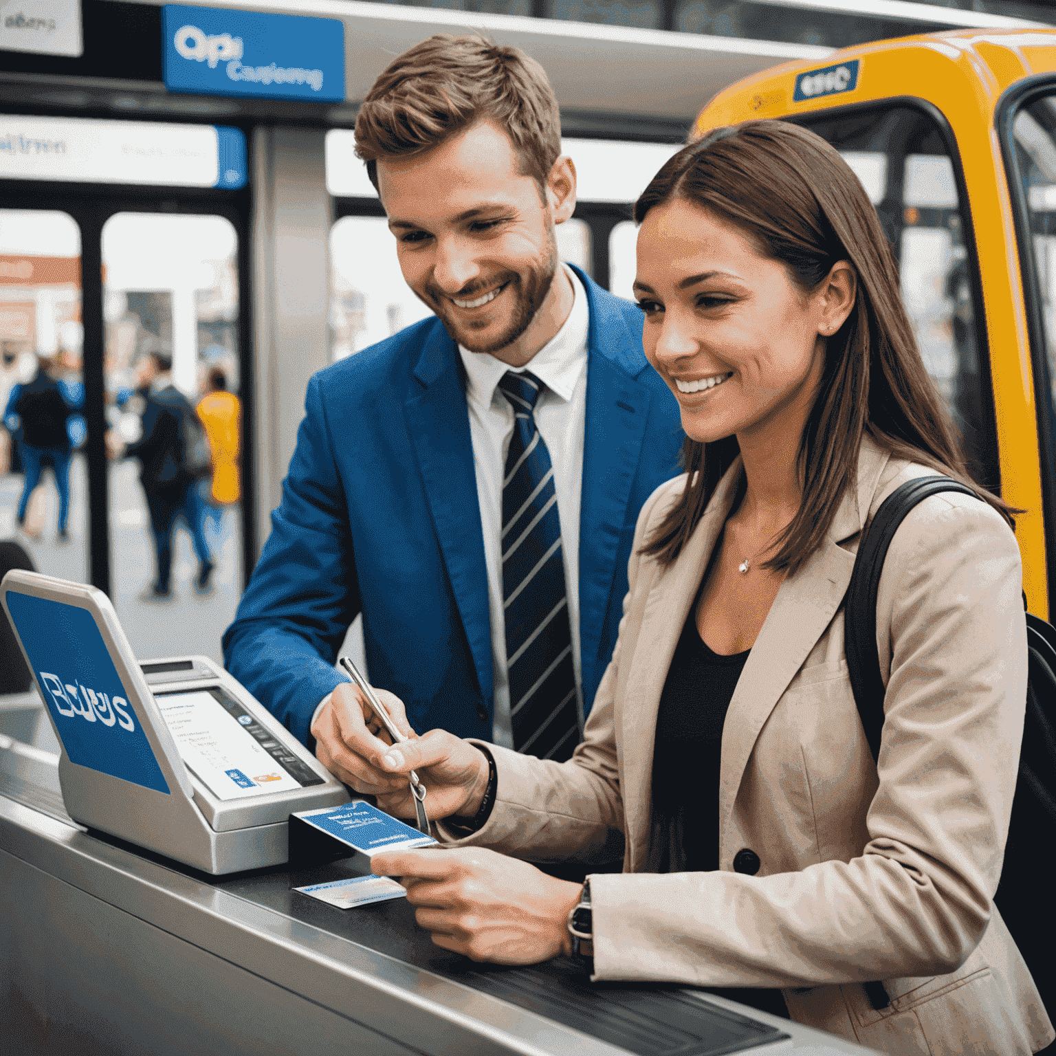 Friendly customer support representative assisting a customer with a bus travel card